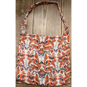 Free People Hobo Tote Shoulder Bag Orange Linen Floral Beach Boho Hippie Gauzy